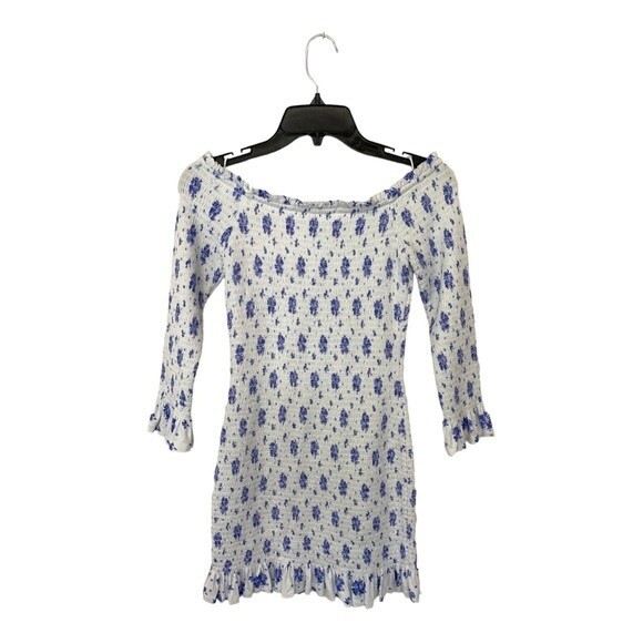 NWOT CAROLINE CONSTAS | White Blue Calla Mini Dress Smocked L - Picture 4 of 7